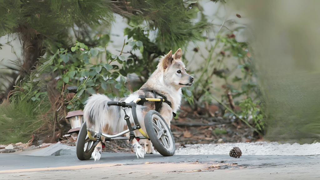 dog in a wheelchair has chronic condition staring in the distance