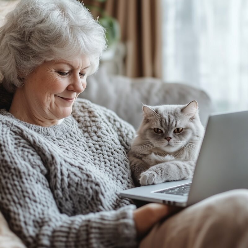 woman is sitting on a couch with a cat on her lap while using a laptop. Concept of relaxation and companionship, as the woman enjoys her time with her pet while working on her laptop